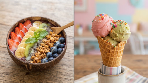 Tigela de açaí artesanal fresco com frutas e casquinha com gelato italiano